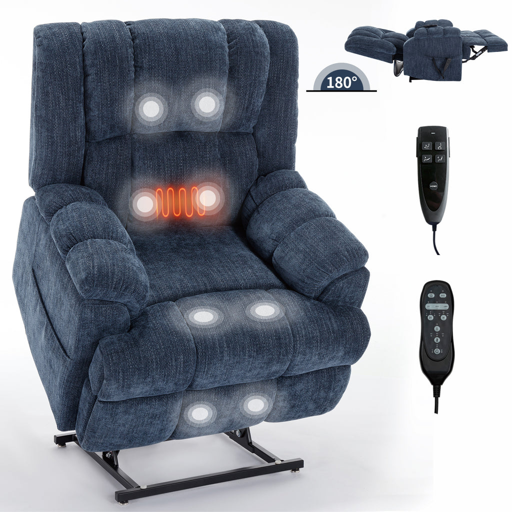 Dual Motor Heat Massage Infinite Position Up to 350 LBS Electric Power Lift Recliners with Power-Remote, Medium-firm and Heavy Duty, Blue - Grand Goldman Shop
