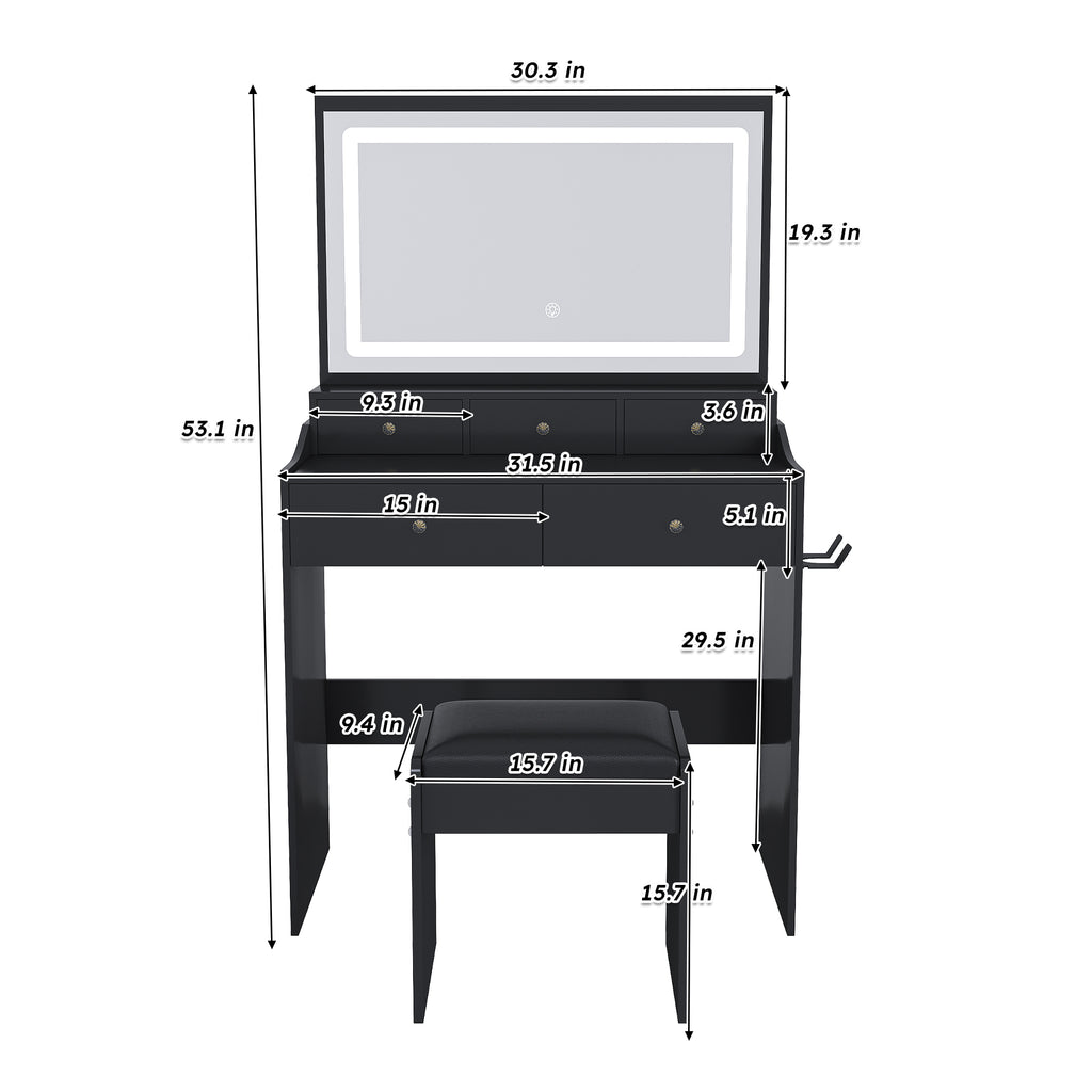 Modern Black Makeup Vanity Set with Power Outlet, Hair Dryer Holder, and Adjustable Lighting - Grand Goldman Shop