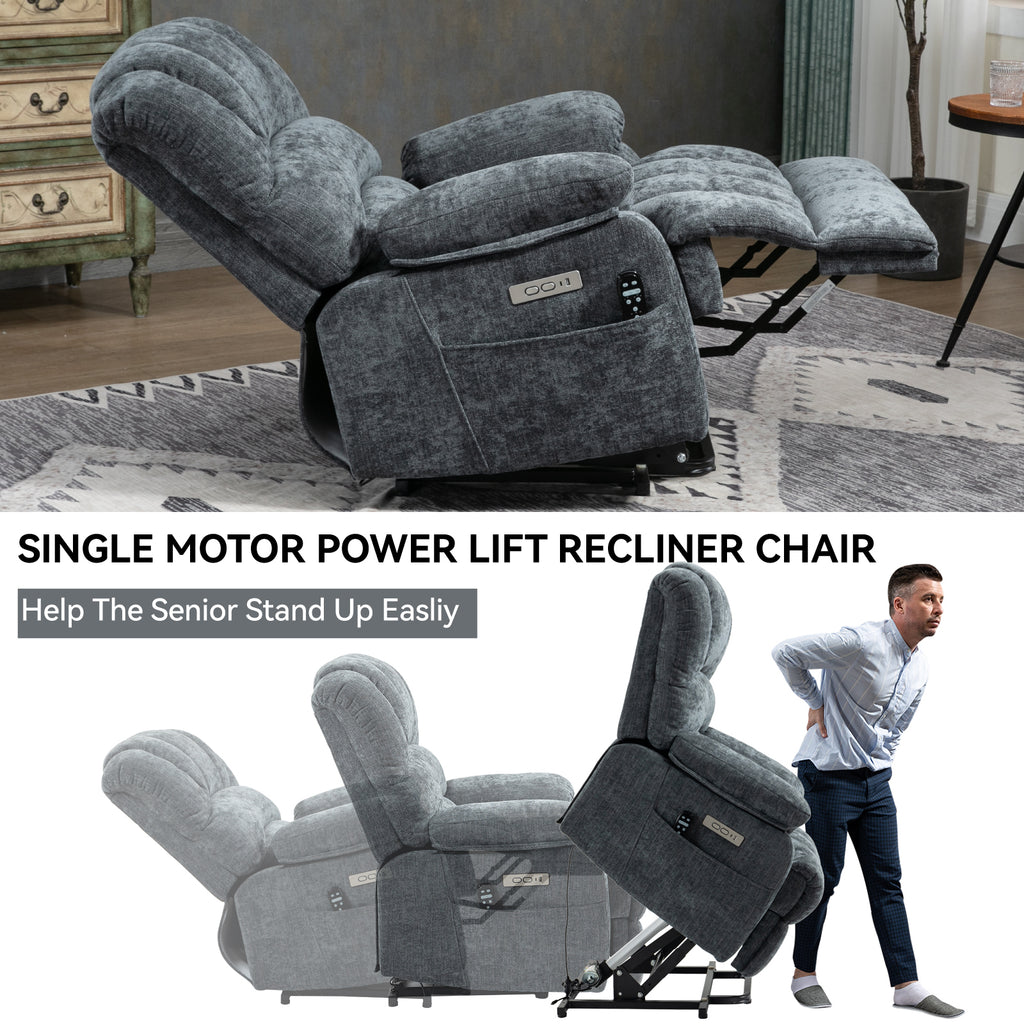 23' Seat Width and High Back Large Size Blue Grey Chenille Power Lift Recliner Chair with 8-Point Vibration Massage and Lumbar Heating - Grand Goldman Shop