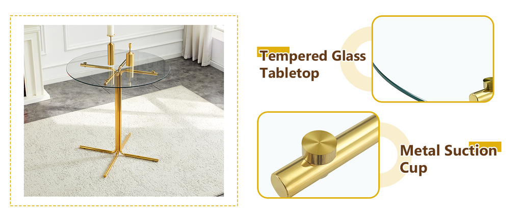 Round glass bar high table, 36 inch round bar table, tempered glass tabletop, sturdy gold chrome plated four column support, suitable for transparent round bar tables in small spaces, kitchens - Grand Goldman Shop