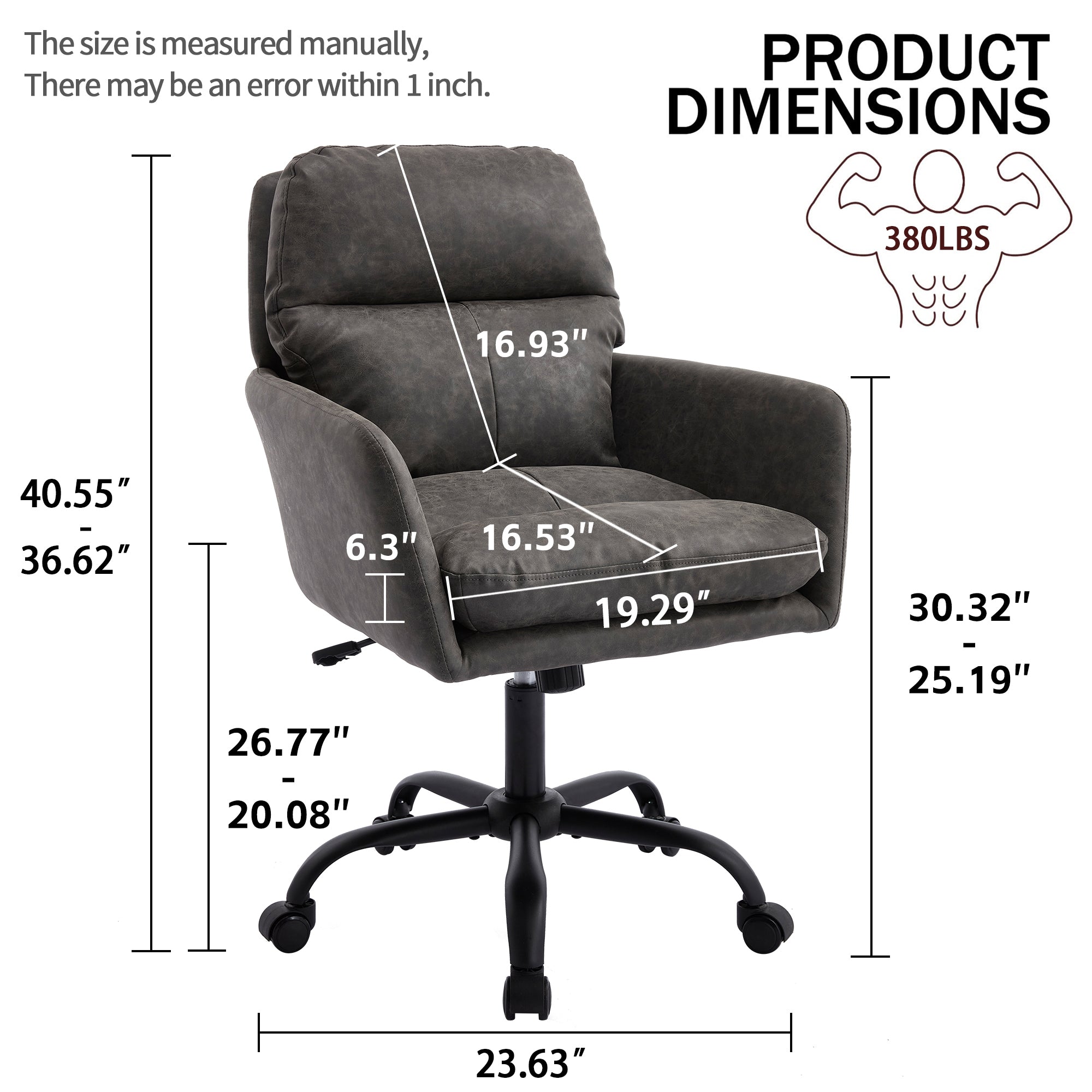 Gray PU Leather Office Chair with Adjustable Height, Black Base, Ergonomic Design for Office Bedroom Dressing Table Use - Gra