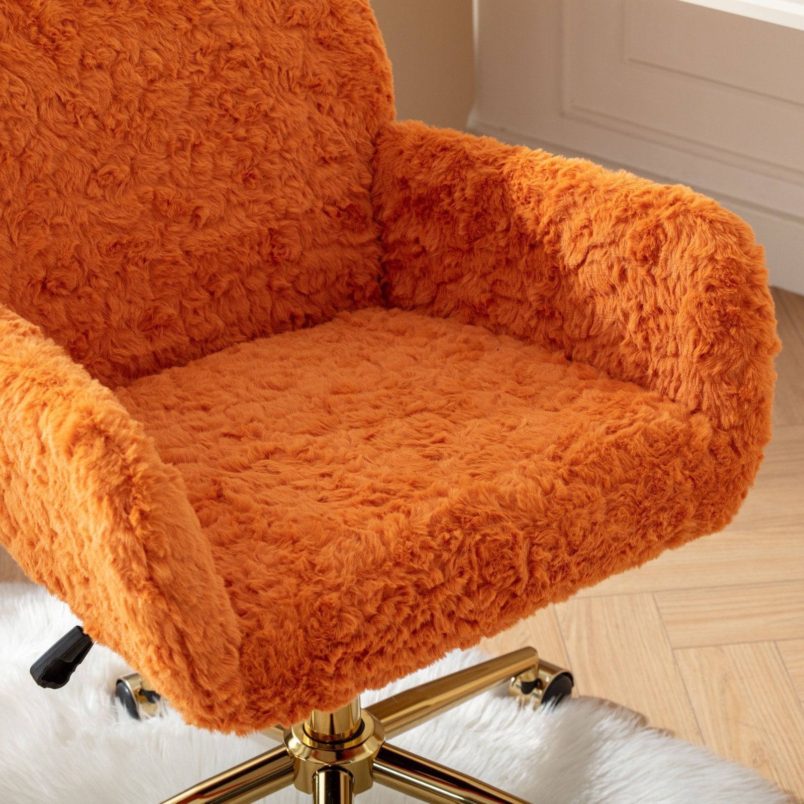 Stylish A&A Furniture Office Chair, Artificial Rabbit Hair with Golden Metal Base, Adjustable Swivel Desk Chair, Orange - Ava