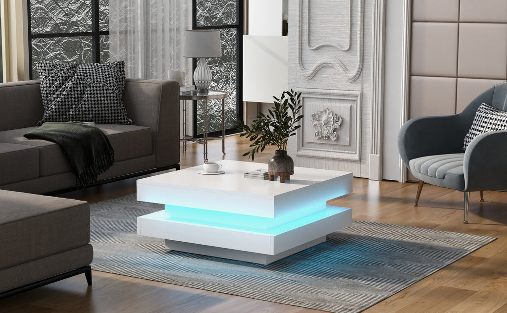 ON-TREND High Gloss Minimalist Design with LED Lights, 2-Tier Square Coffee Table, Center Table for Living Room, 31.5''x31.5''x14.2'', White - Grand Goldman Shop