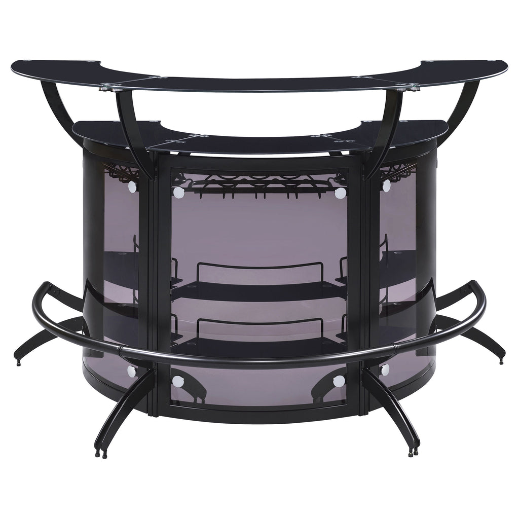 Elaina Black 3-Piece Curved Freestanding Home Bar with Smoked Acrylic Panels and Silver Metal Frame, Black Finish, Glass and Metal Construction - Grand Goldman Shop
