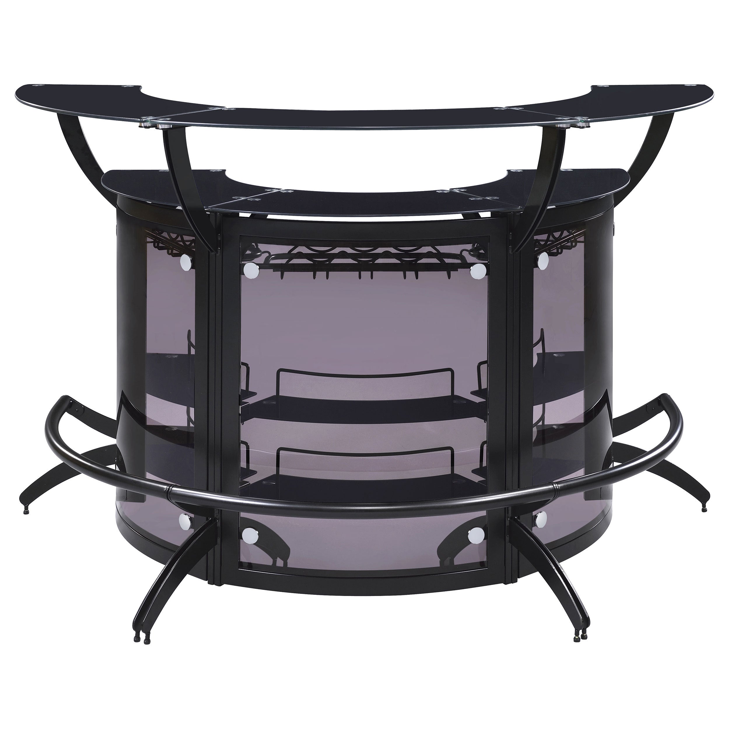 Elaina Black 3-Piece Curved Freestanding Home Bar with Smoked Acrylic Panels and Silver Metal Frame, Black Finish, Glass and Metal Construction - Grand Goldman Shop