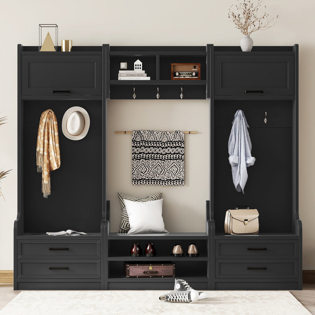 4-in-1 Detachable Hall Tree with Storage and 7 Hooks, Multiple Functions Hallway Coat Rack with Storage Drawers and Cabinet, Black Shoe Bench for Entryway Hallway - Grand Goldman Shop