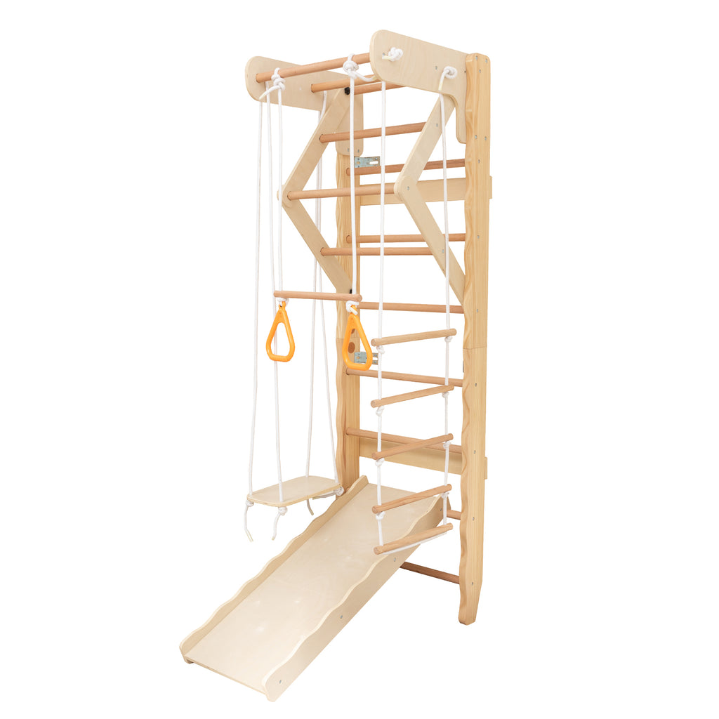 6-in-1 Swedish Ladder Wall Gym, Indoor Kids Playground with Swing, Rope Ladder, Pull-Up Bar, Slide, Gymnastic Rings, Wooden W