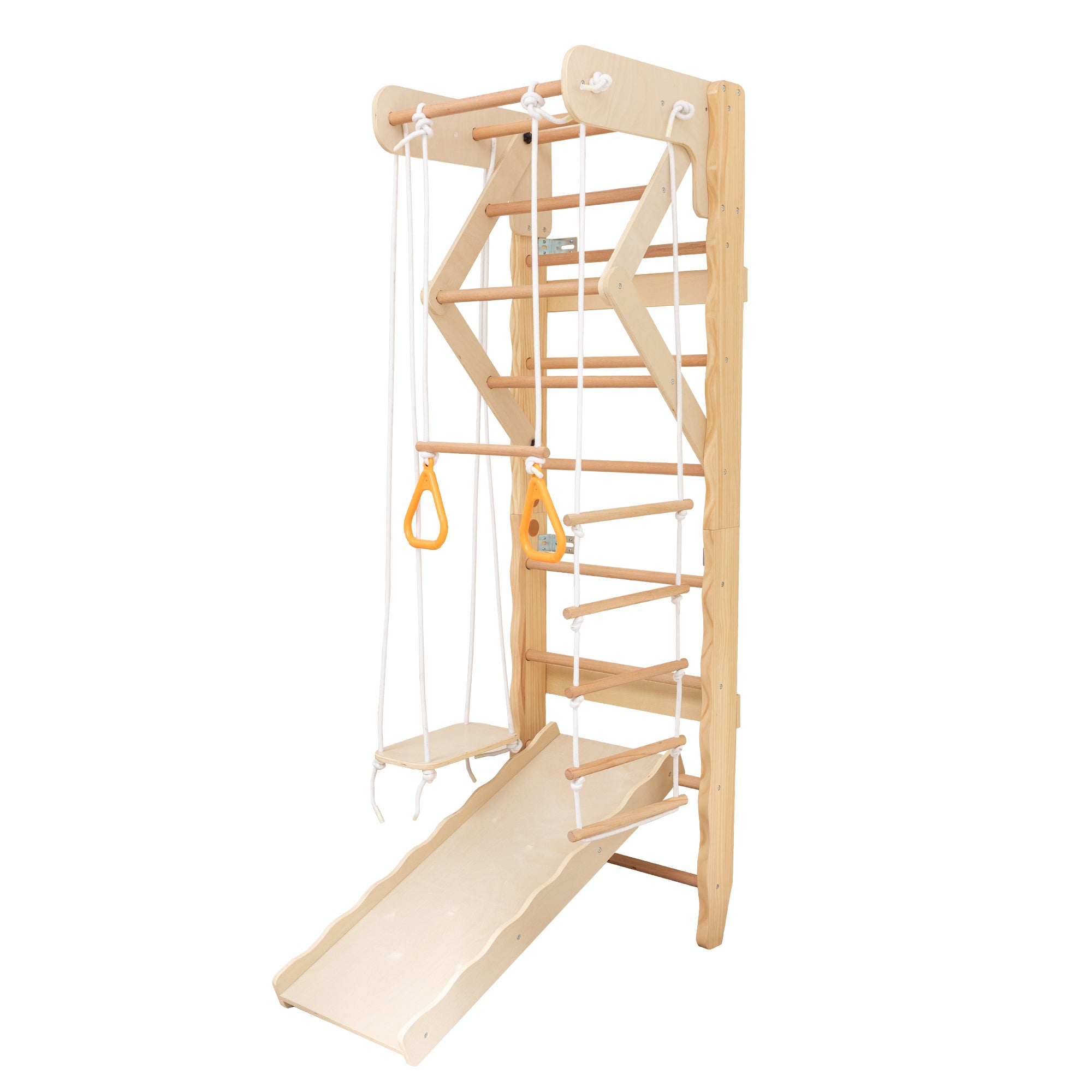 6-in-1 Swedish Ladder Wall Gym, Indoor Kids Playground with Swing, Rope Ladder, Pull-Up Bar, Slide, Gymnastic Rings, Wooden W