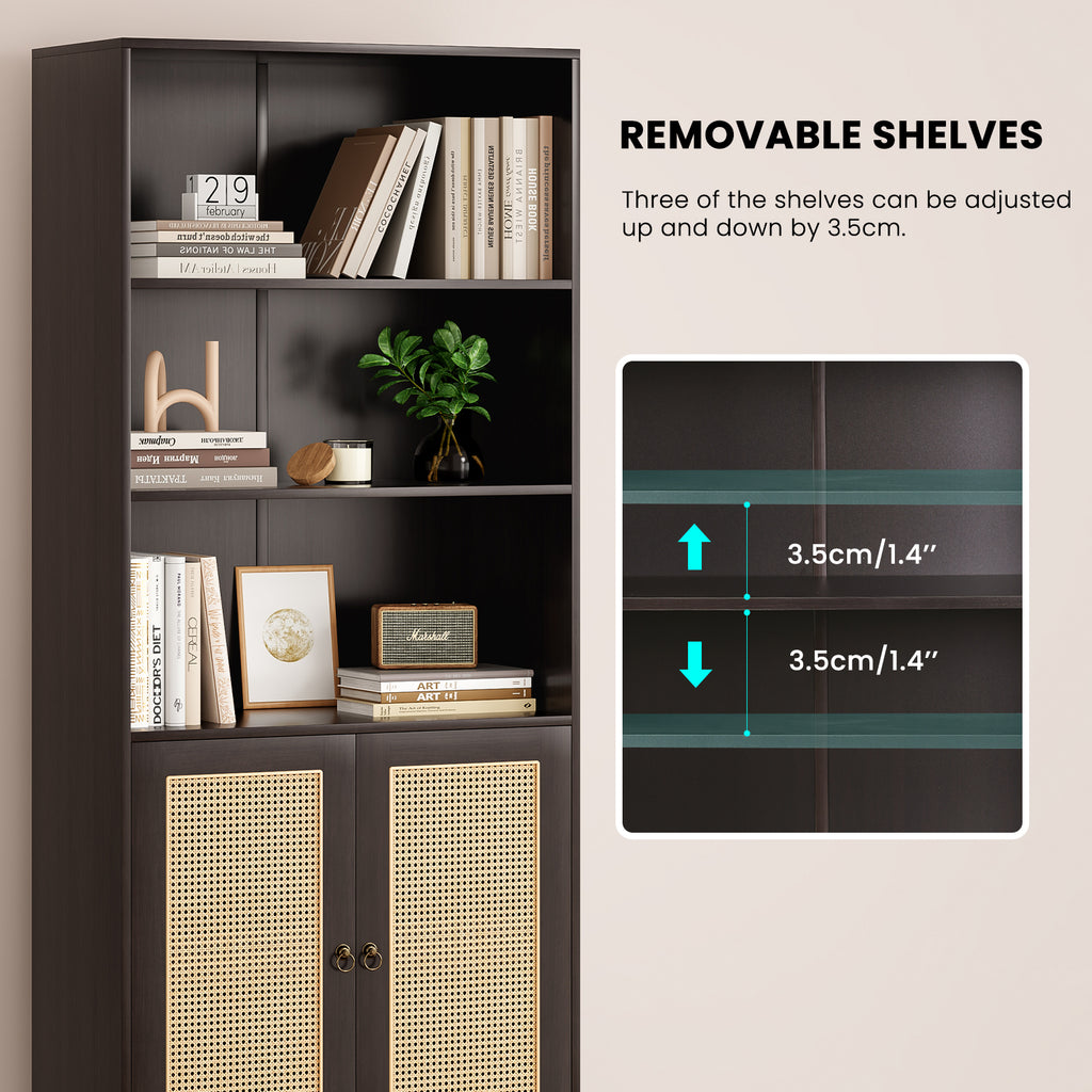Tall Bookcase with Rattan Doors,5 Tier Storage Wood Shelves Large Bookshelf for Library Living Room Bedroom Home Office,Walnu
