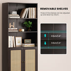 Tall Bookcase with Rattan Doors,5 Tier Storage Wood Shelves Large Bookshelf for Library Living Room Bedroom Home Office,Walnu