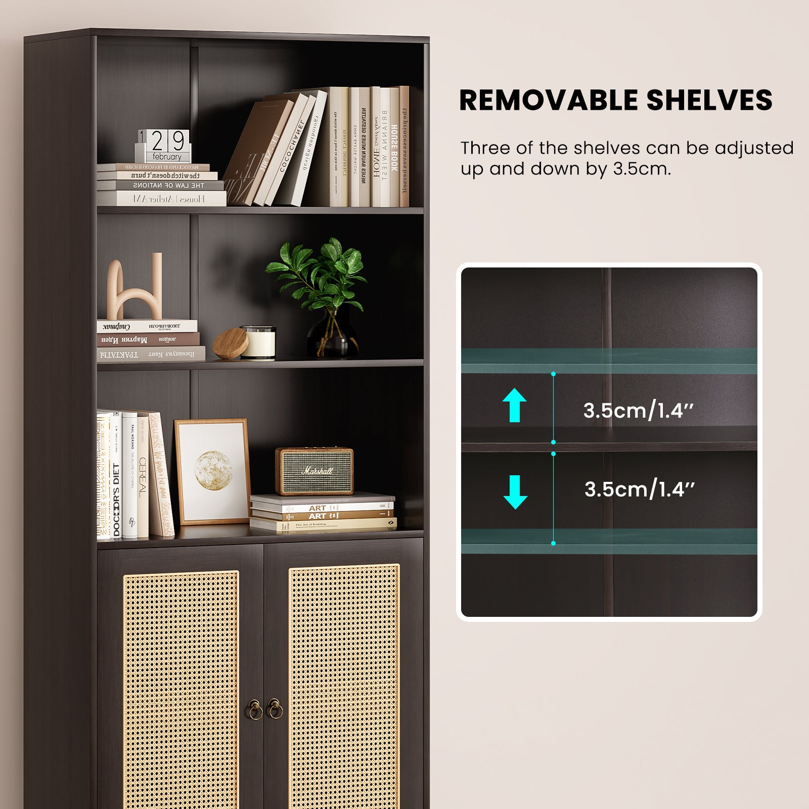 Tall Bookcase with Rattan Doors,5 Tier Storage Wood Shelves Large Bookshelf for Library Living Room Bedroom Home Office,Walnu