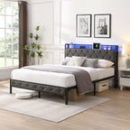 Full Bed Frame with  Storage Headboard, Charging Station and LED Lights, Upholstered Platform Bed with Heavy Metal Slats, No Box Spring Needed, Noise Free, Easy Assembly, Dark Gray - Grand Goldman Shop