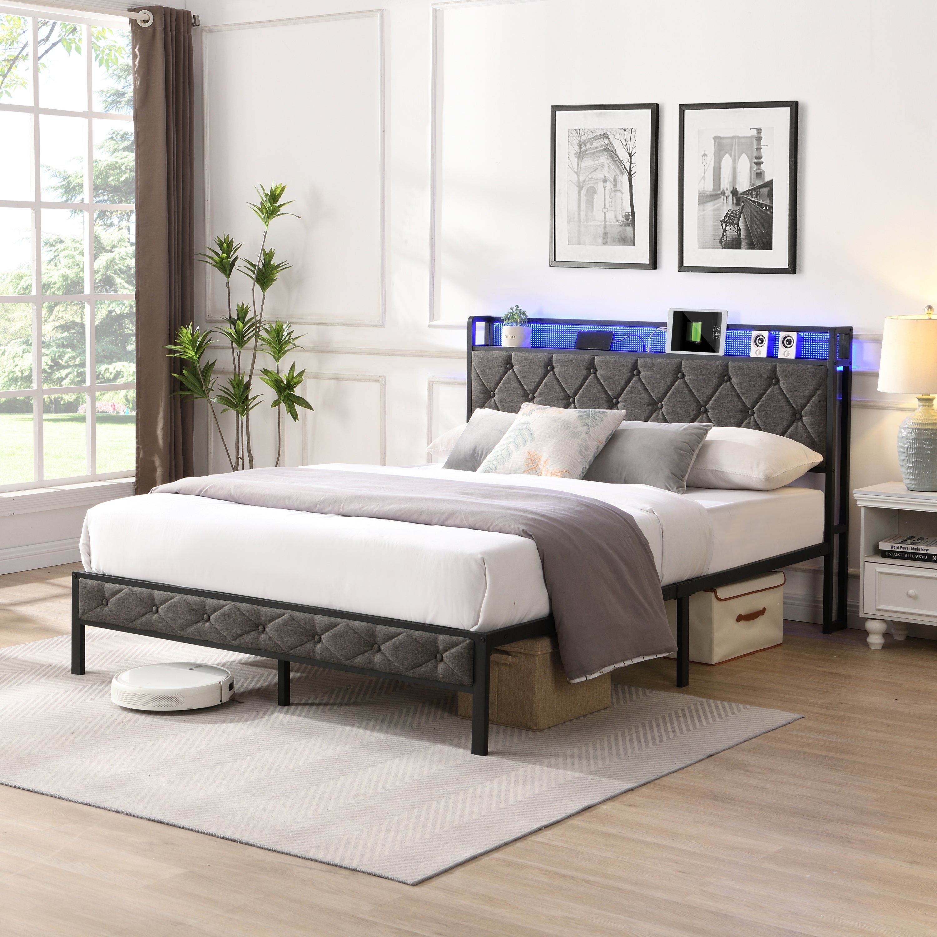 Full Bed Frame with  Storage Headboard, Charging Station and LED Lights, Upholstered Platform Bed with Heavy Metal Slats, No Box Spring Needed, Noise Free, Easy Assembly, Dark Gray - Grand Goldman Shop