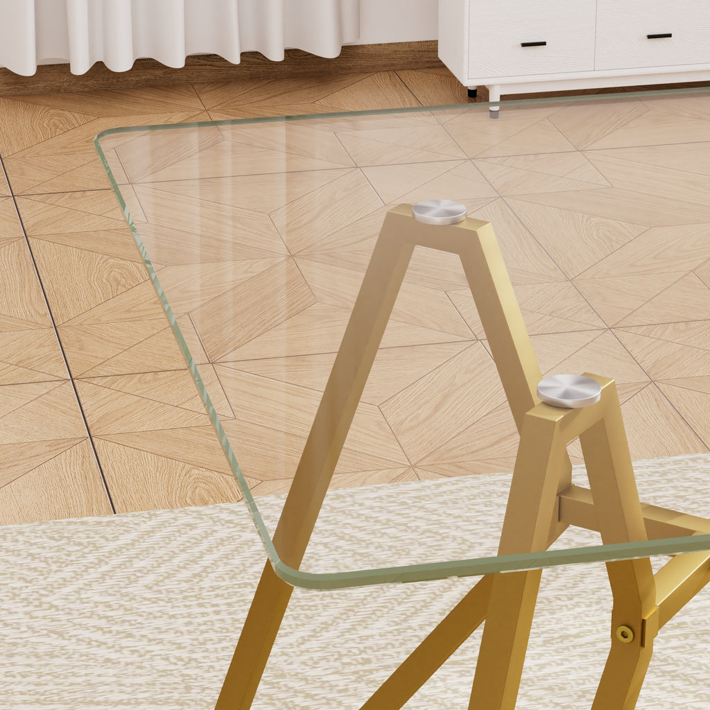 Modern Gold Glass Dining Table with Metal Legs for 2-4 People, 35.4-Inch Square - Grand Goldman Shop