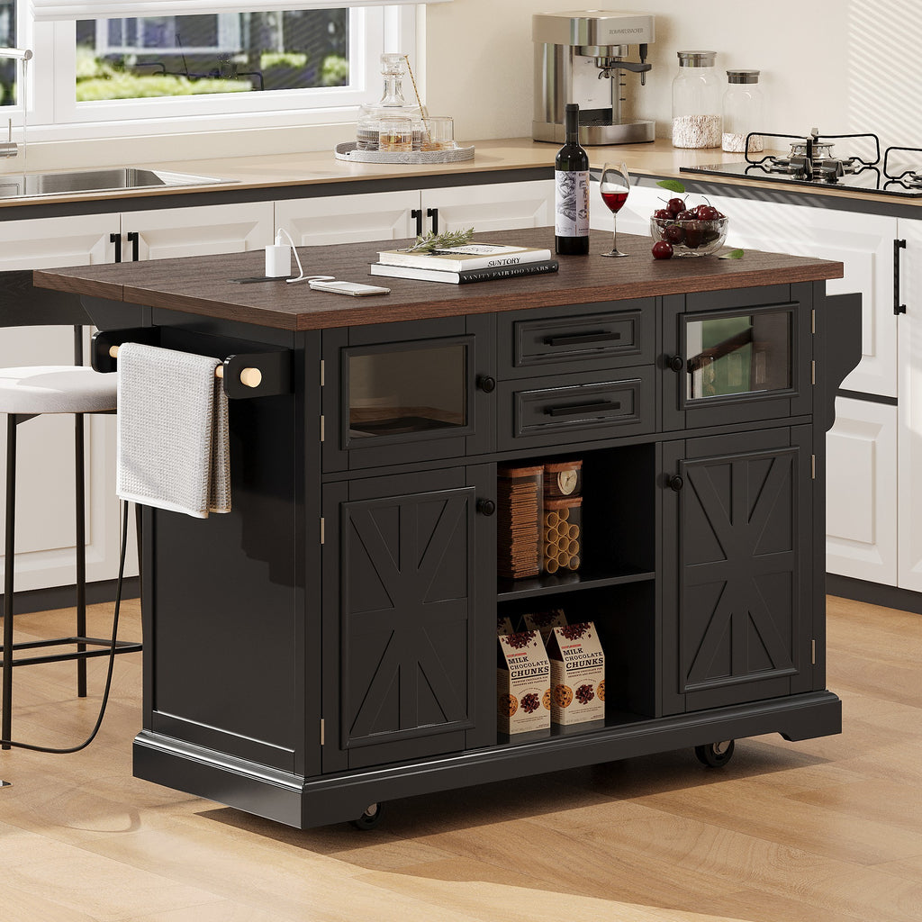 K&K 54.9' Kitchen Island with Drop Leaf, Power Outlet, Kitchen Storage Cart with 4 Door Shelves, Cross Barn Doors & Visual Glass Door, Rolling Kitchen Island on 4 Wheels for Kitchen, Dining Room,Black - Grand Goldman Shop