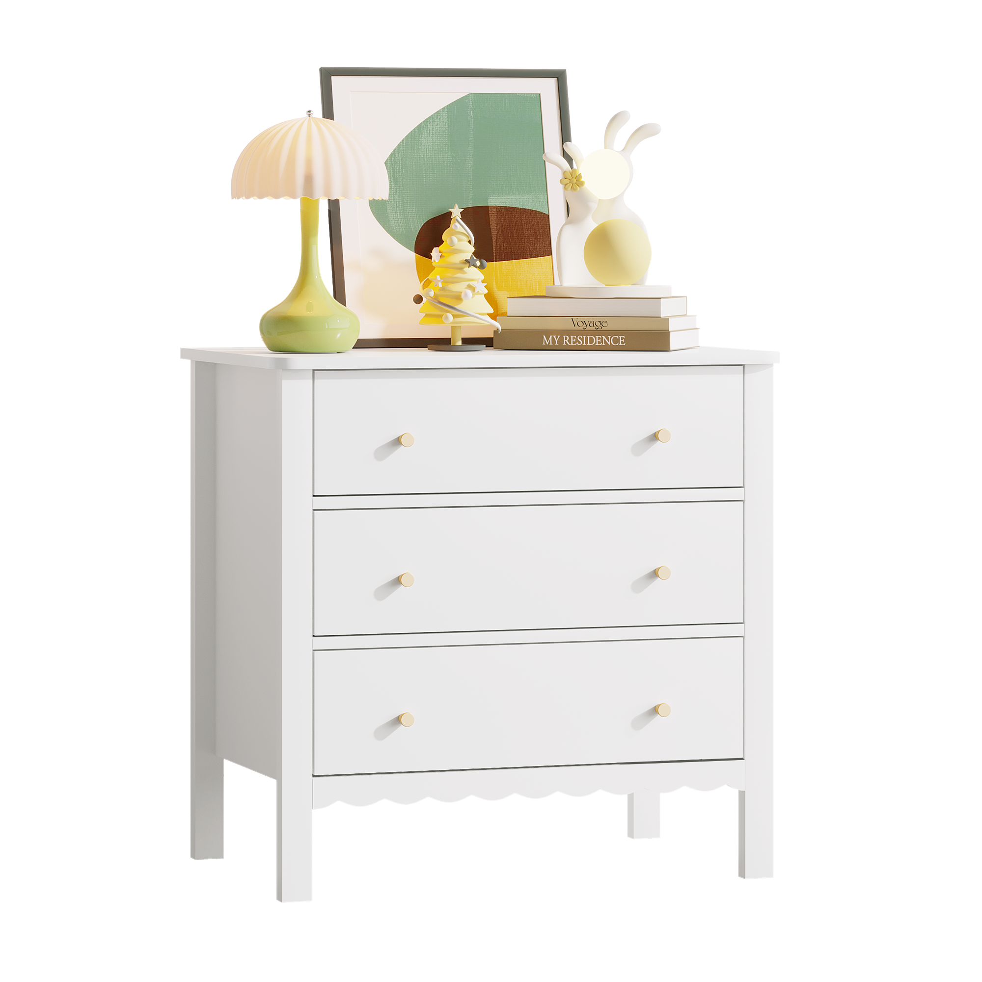 White 3 Drawer Dresser for Bedroom, Modern MDF Painted Chest of Drawers with Gold Knobs, Wooden Storage Cabinet for Kids, Nur