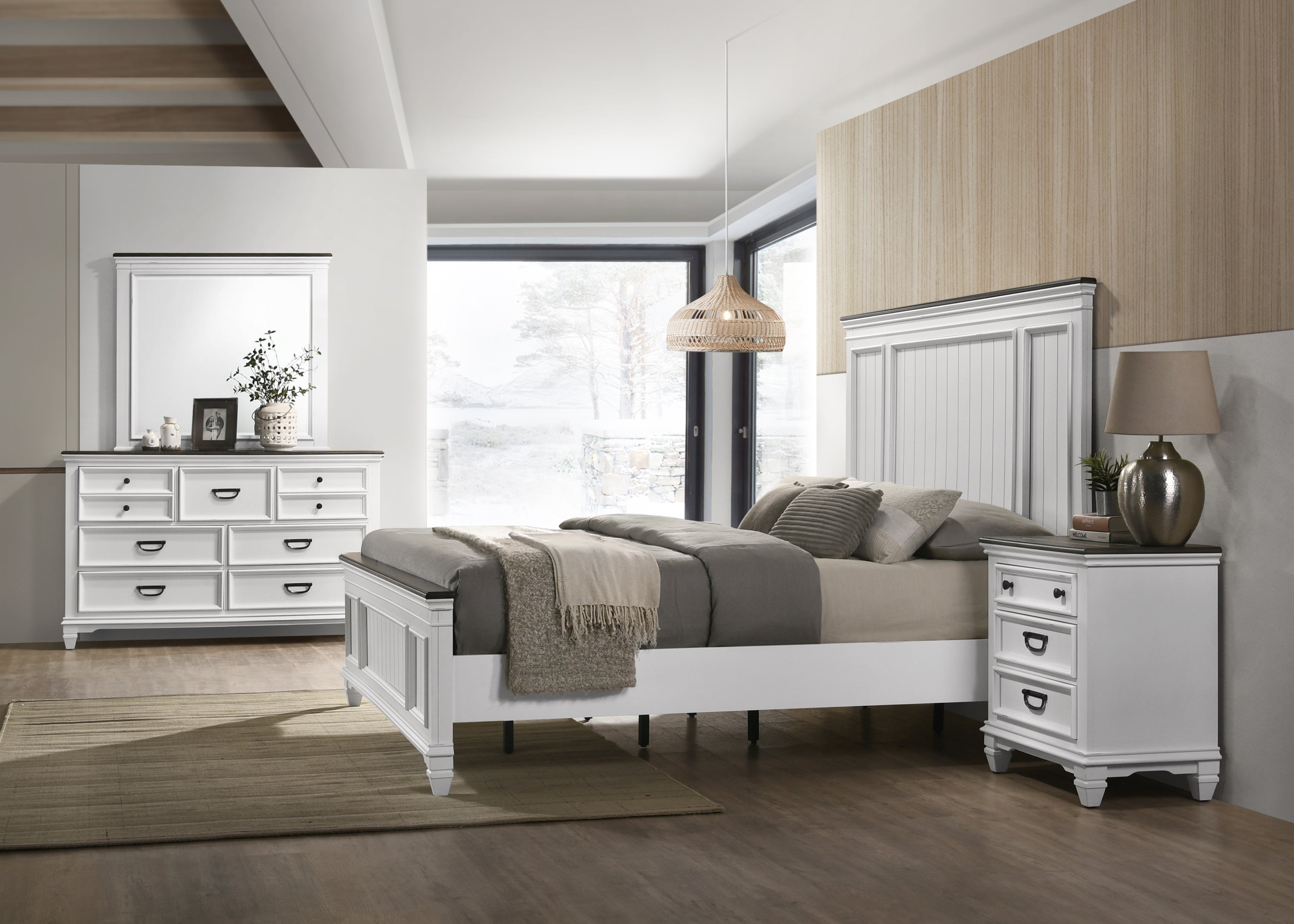 Clelane Wood Bedroom Set with Shiplap Panel King Bed, Dresser, Mirror, and two Nightstands - Grand Goldman Shop