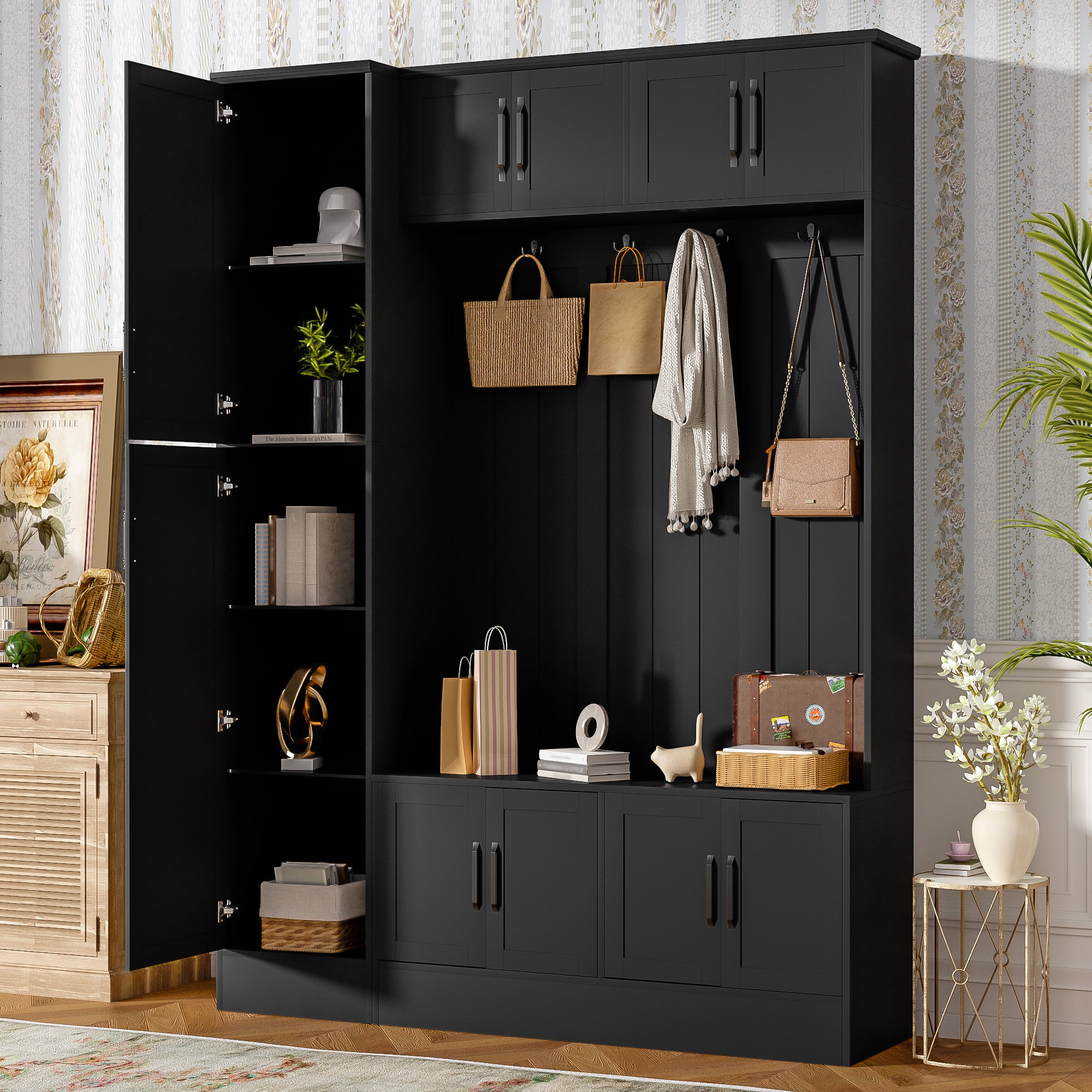 VIBE HAUS 79'' Tall Modern Hall Tree with Shoe Storage, 4-in-1 Entryway Bench with 6 Cabinets, 4 Coat Hooks & Adjustable Shelf for Hallway, living room, Black - Grand Goldman Shop