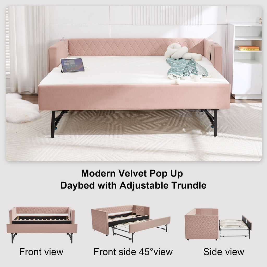 Pink velvet daybed, sturdy wooden bed frame, modern diamond grid pull-out design, perfect for bedroom, living room furniture - Grand Goldman Shop