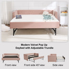 Pink velvet daybed, sturdy wooden bed frame, modern diamond grid pull-out design, perfect for bedroom, living room furniture - Grand Goldman Shop