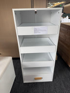 4-Tier Freestanding Bookshelf with 3 Sliding Drawers and 1 Bottom Drawer in White, Engineered Wood | Premium Home Decor - Gra