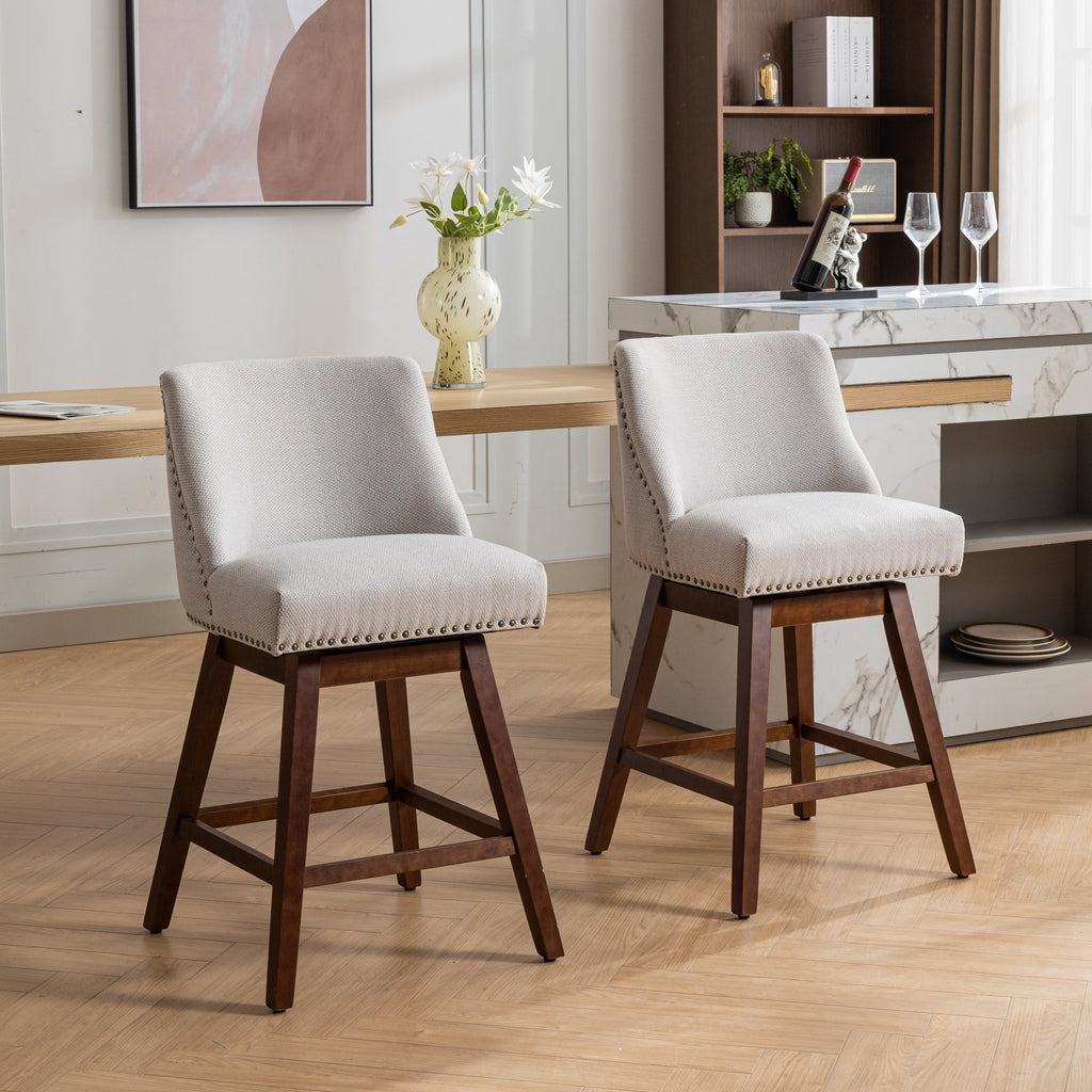Ivory Upholstered Counter Height Swivel Barstools Set of 2, 26'' H Seat, Fabric and Rubber Wood - Grand Goldman Shop