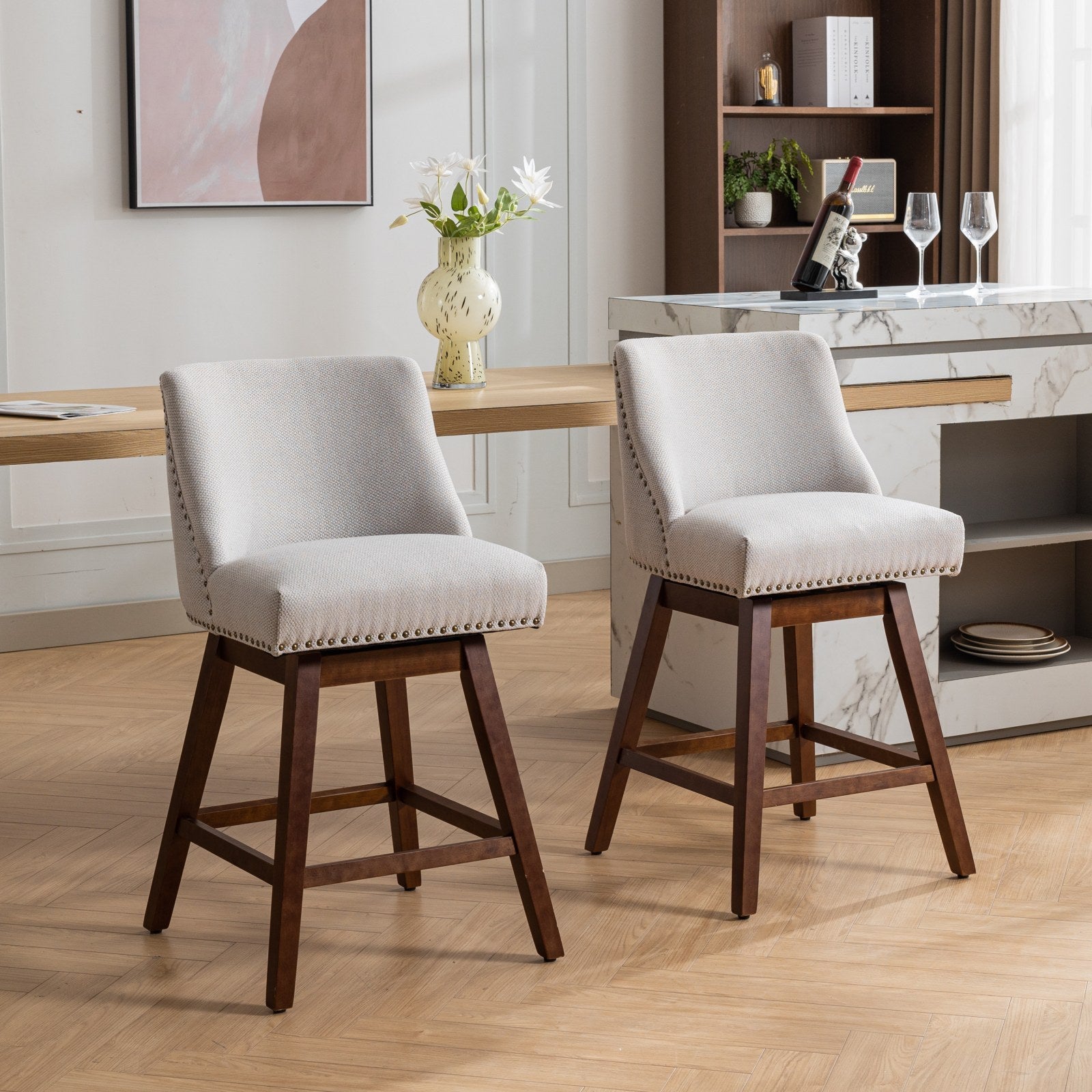 Ivory Upholstered Counter Height Swivel Barstools Set of 2, 26'' H Seat, Fabric and Rubber Wood - Grand Goldman Shop