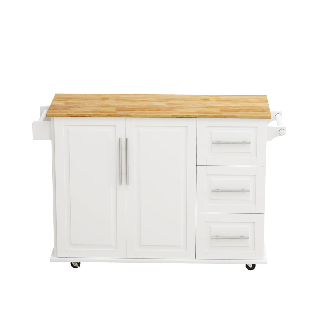 White Kitchen Island Cart with 2 Door Cabinet, 3 Drawers, Spice Rack & Towel Rack, Solid Wood Top, 43.31 Inch Width - Grand Goldman Shop