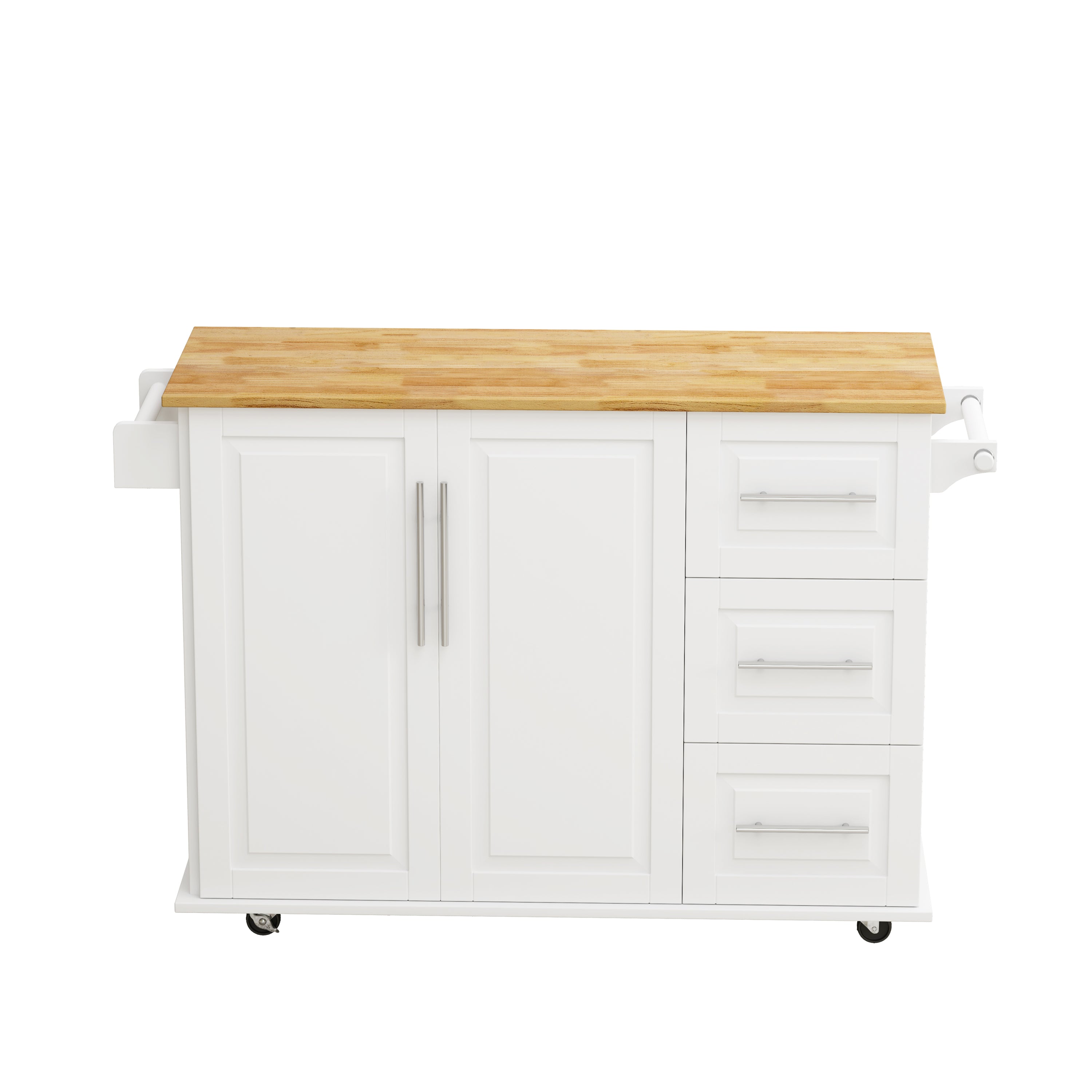 White Kitchen Island Cart with 2 Door Cabinet, 3 Drawers, Spice Rack & Towel Rack, Solid Wood Top, 43.31 Inch Width - Grand Goldman Shop