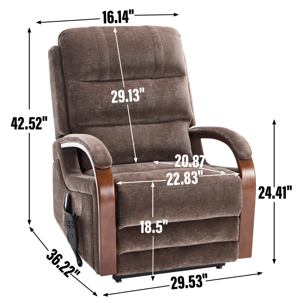 Power Brown Chenille Lift Recliner Chair Dual Motor Infinite Position Up to 350 LBS with Solid Wood Armrests, Heat Massage and Heavy Duty Motion Mechanism - Grand Goldman Shop