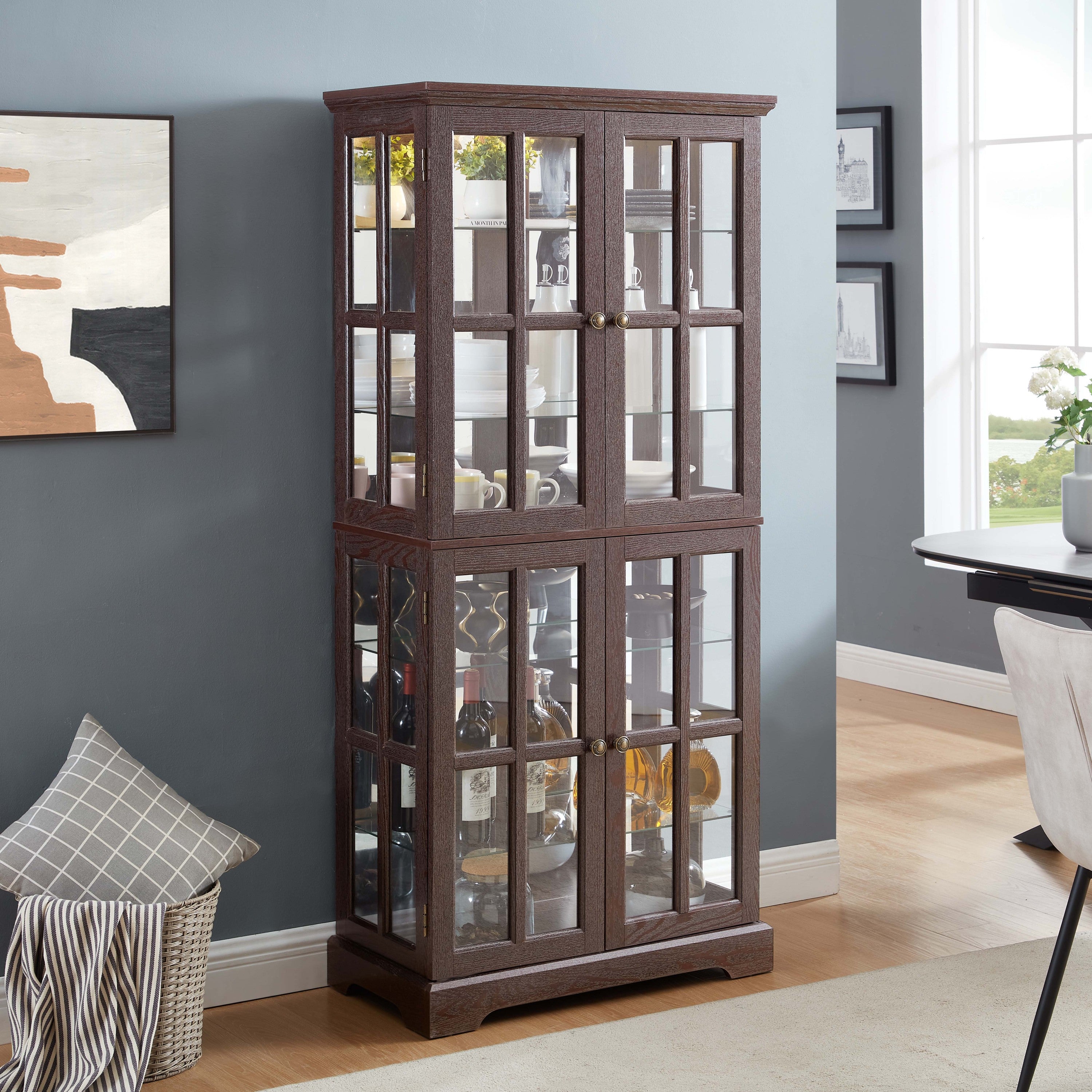 Curio Display Cabinet, Antique Display Cabinet with Glass Doors Adjustable Shelves for Collectibles Four Door Design Vintage Showcase for Home or Office Antique Display Case E26 Bulb Included CHE - Grand Goldman Shop