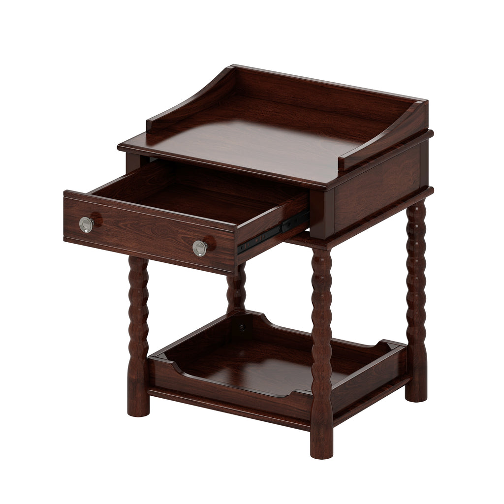 Retro Style Nightstand with Drawer and Open Shelf for Bedroom, Bedside Table with Turned Legs and Metal Handle,Walnut - Grand Goldman Shop