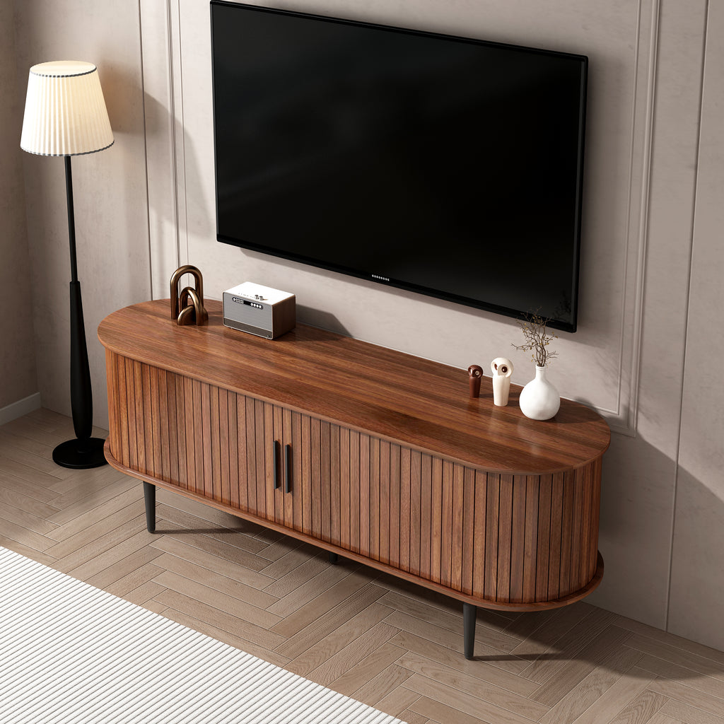 TV Stand, 55' Modern TV Console Table with Storage Compartment and Sliding Door, Gaming Entertainment Center with Cabinet for Living Room, Bedroom, Office (Walnut) - Grand Goldman Shop