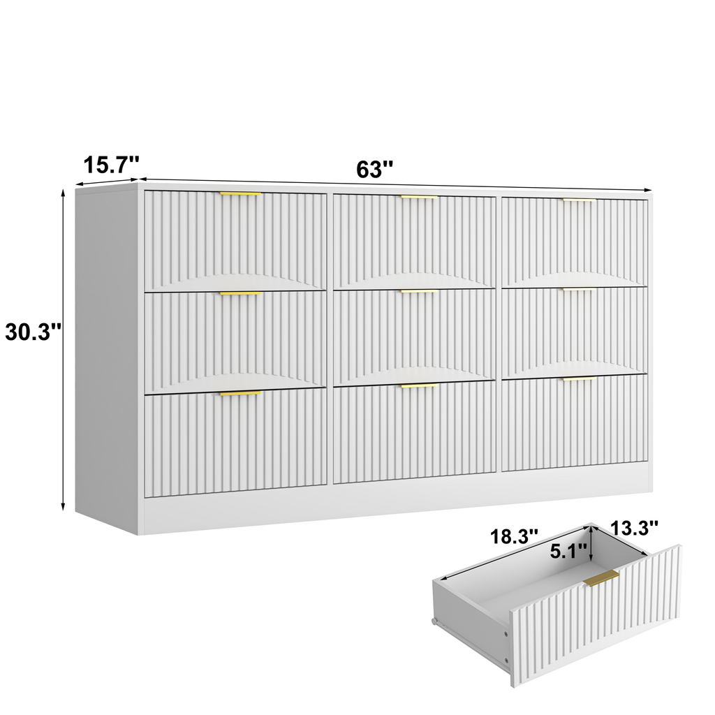 White 9 Drawer Dresser, 63' Large Deep Chest of Drawers, Wooden Dresser Storage Cabinet with 9 Drawers for Bedroom, Long Dressers for Living Room, Hallway, Drawer panel with wavy patterns - Grand Goldman Shop