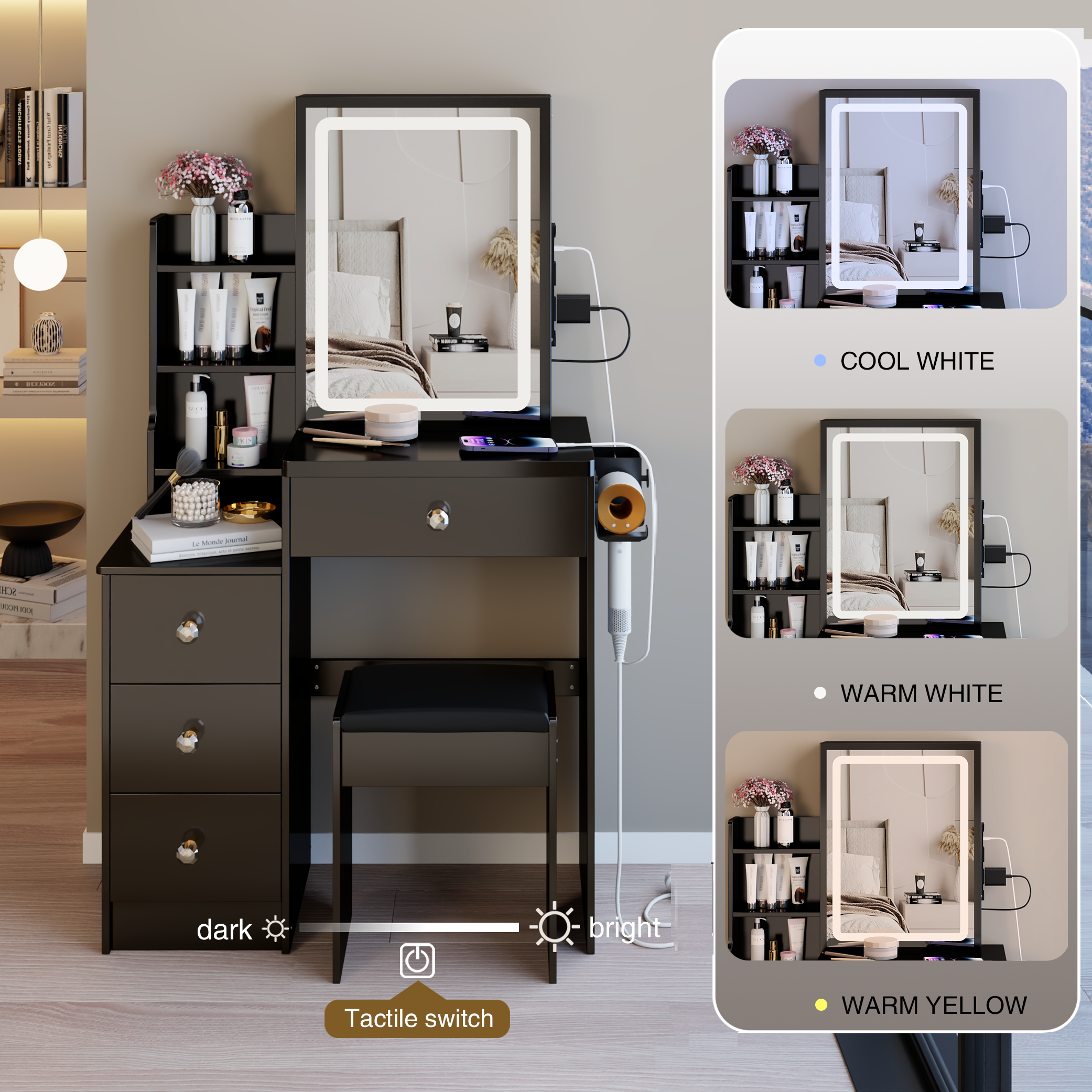 29.2' Small Size Left Bedside Cabinet Vanity Table + Cushioned Stool, 2 AC+2 USB Power Station, Hair dryer bracket, Extra Large Touch Control Sliding LED Mirror, Tri-color Switching, Brightness Adjust - Grand Goldman Shop