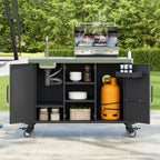 K&K 55.5' Outdoor Kitchen Island with Sink, Metal Grill Cart Table with 304 Stainless Steel Sink, Outdoor Bar Cart Sink Station with 4 Lockable Wheels for Pizza Prep & BBQ, L 55.5' x W 20' H 36.7' - Grand Goldman Shop