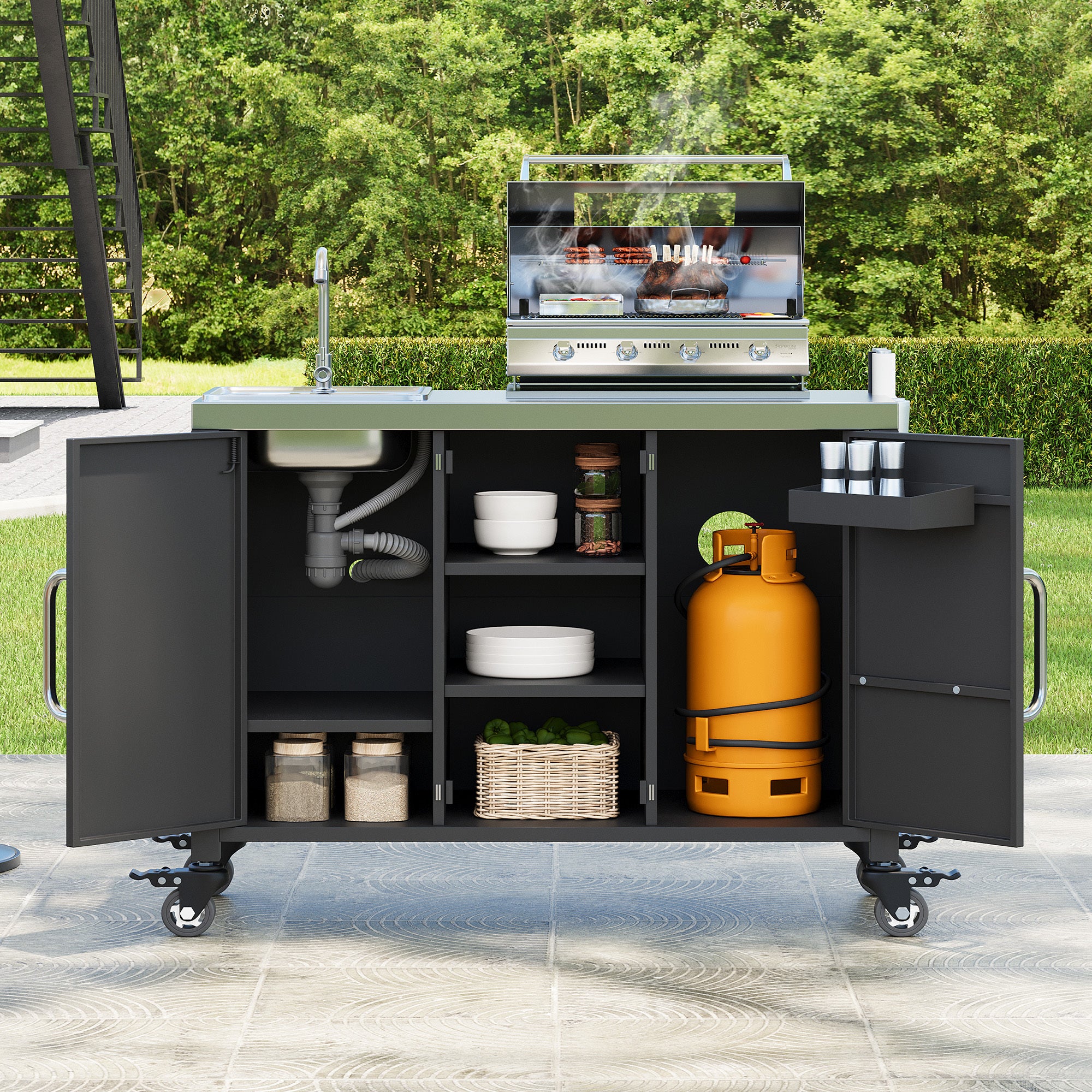 K&K 55.5' Outdoor Kitchen Island with Sink, Metal Grill Cart Table with 304 Stainless Steel Sink, Outdoor Bar Cart Sink Station with 4 Lockable Wheels for Pizza Prep & BBQ, L 55.5' x W 20' H 36.7' - Grand Goldman Shop