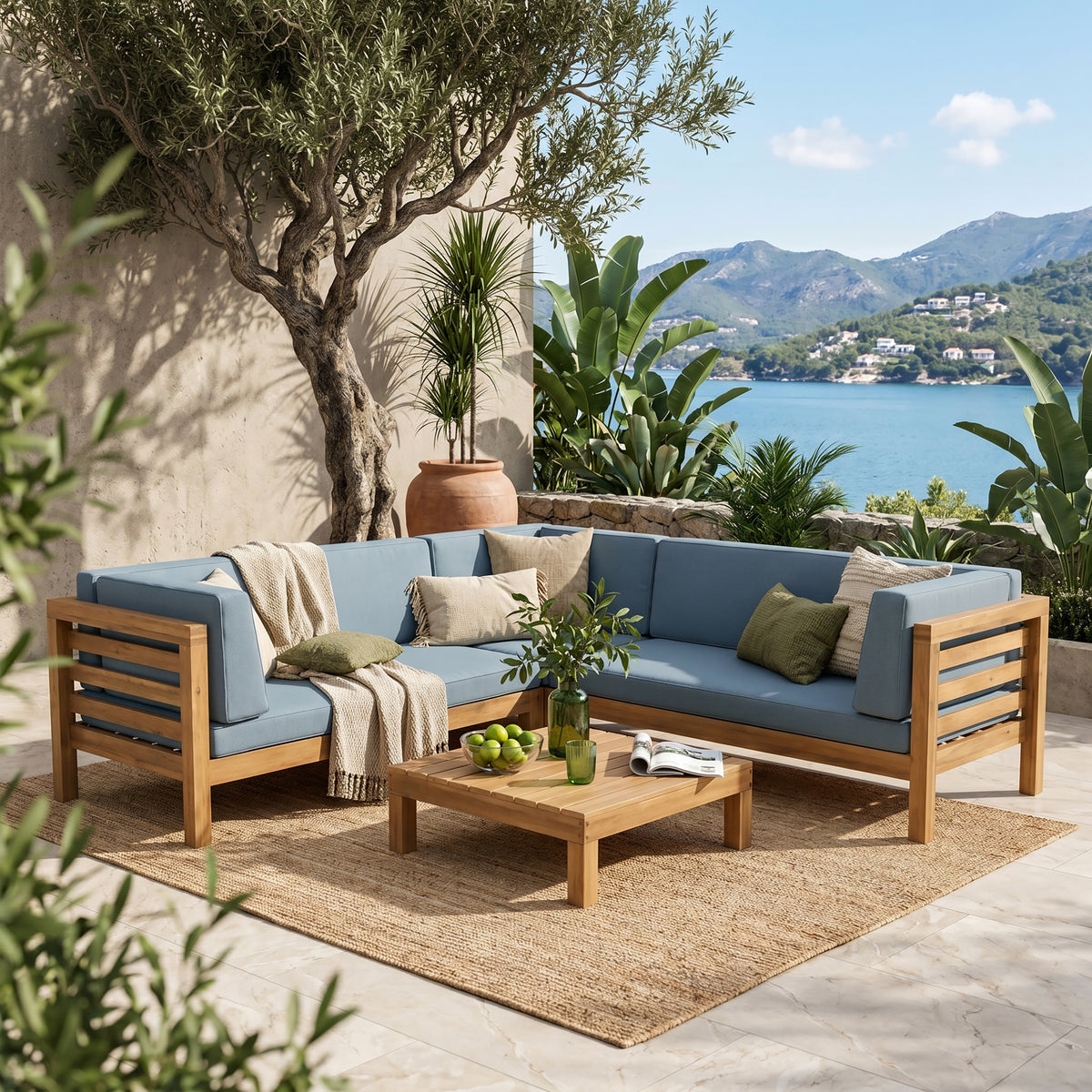 OANA OUTDOOR-MODULSOFA AUS HOLZ MIT KISSEN, BLAU
