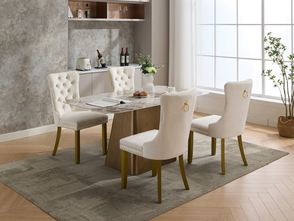 A&A Furniture, Nikki Collection Modern, High-end Tufted Solid Wood Contemporary Velvet Upholstered Dining Chair with golden Wood Legs Nailhead Trim 2-Pcs Set, Milky White,SW1401MW - Grand Goldman Shop