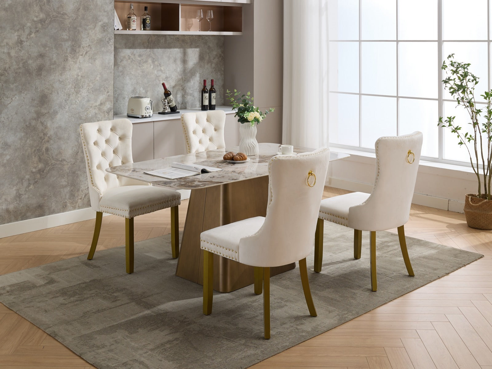 A&A Furniture, Nikki Collection Modern, High-end Tufted Solid Wood Contemporary Velvet Upholstered Dining Chair with golden Wood Legs Nailhead Trim 2-Pcs Set, Milky White,SW1401MW - Grand Goldman Shop