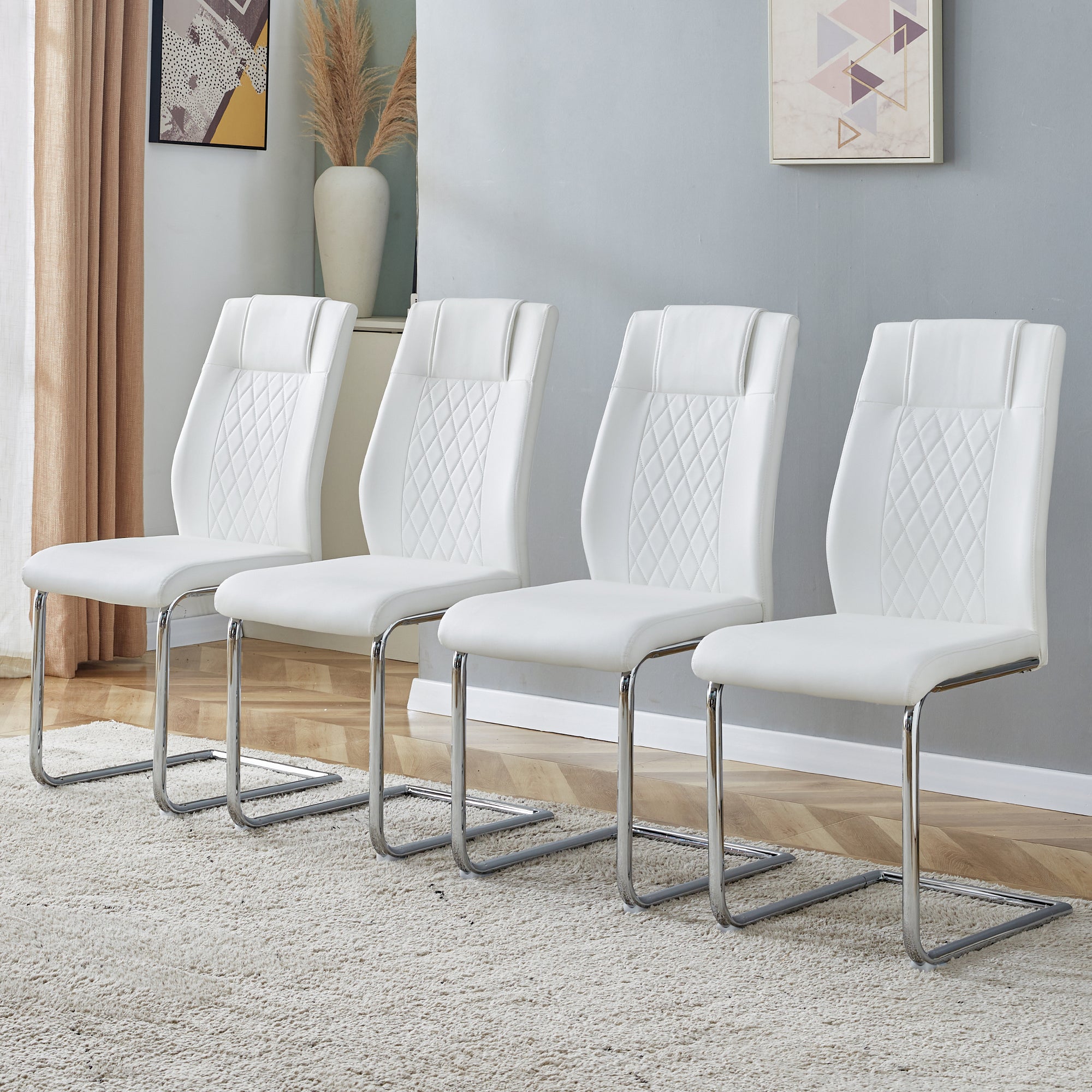 Modern Dining Chairs with Faux Leather Padded Seat and Metal Legs in White, Set of 4 - Grand Goldman Shop