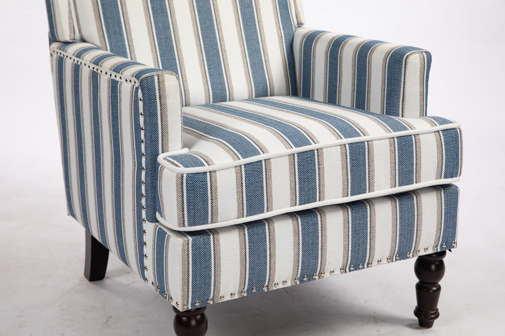 Upholstered Accent Chair, Vintage Armchair with Blue and White Striped Linen Fabric and Nailhead Trim for Living Room - Grand Goldman Shop