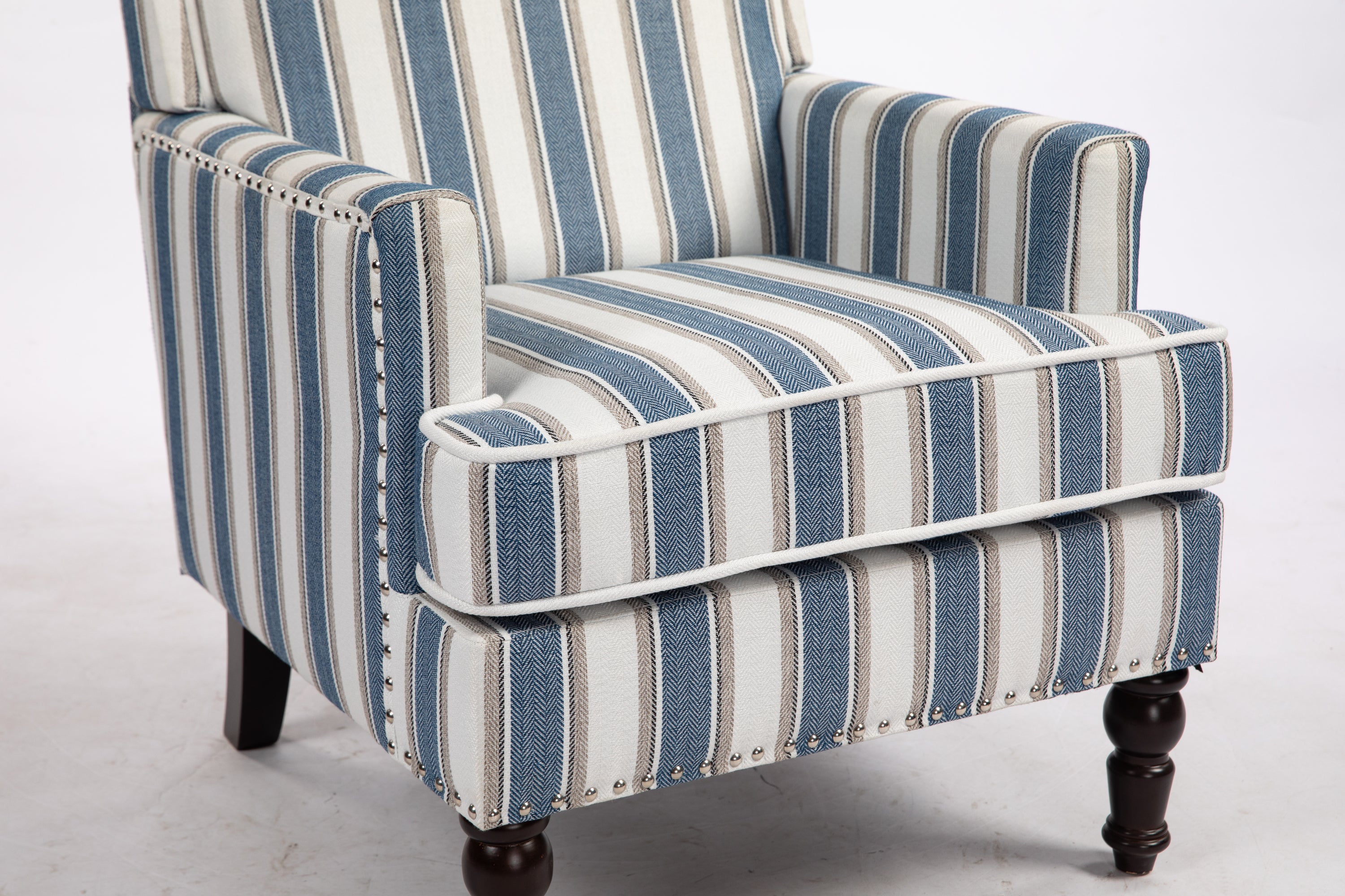 Upholstered Accent Chair, Vintage Armchair with Blue and White Striped Linen Fabric and Nailhead Trim for Living Room - Grand Goldman Shop