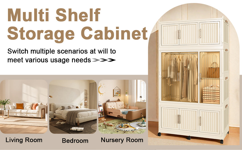 Portable Wardrobe Closet Storage Organizer with 9 Magnetic Doors, Cream White, - Grand Goldman Shop
