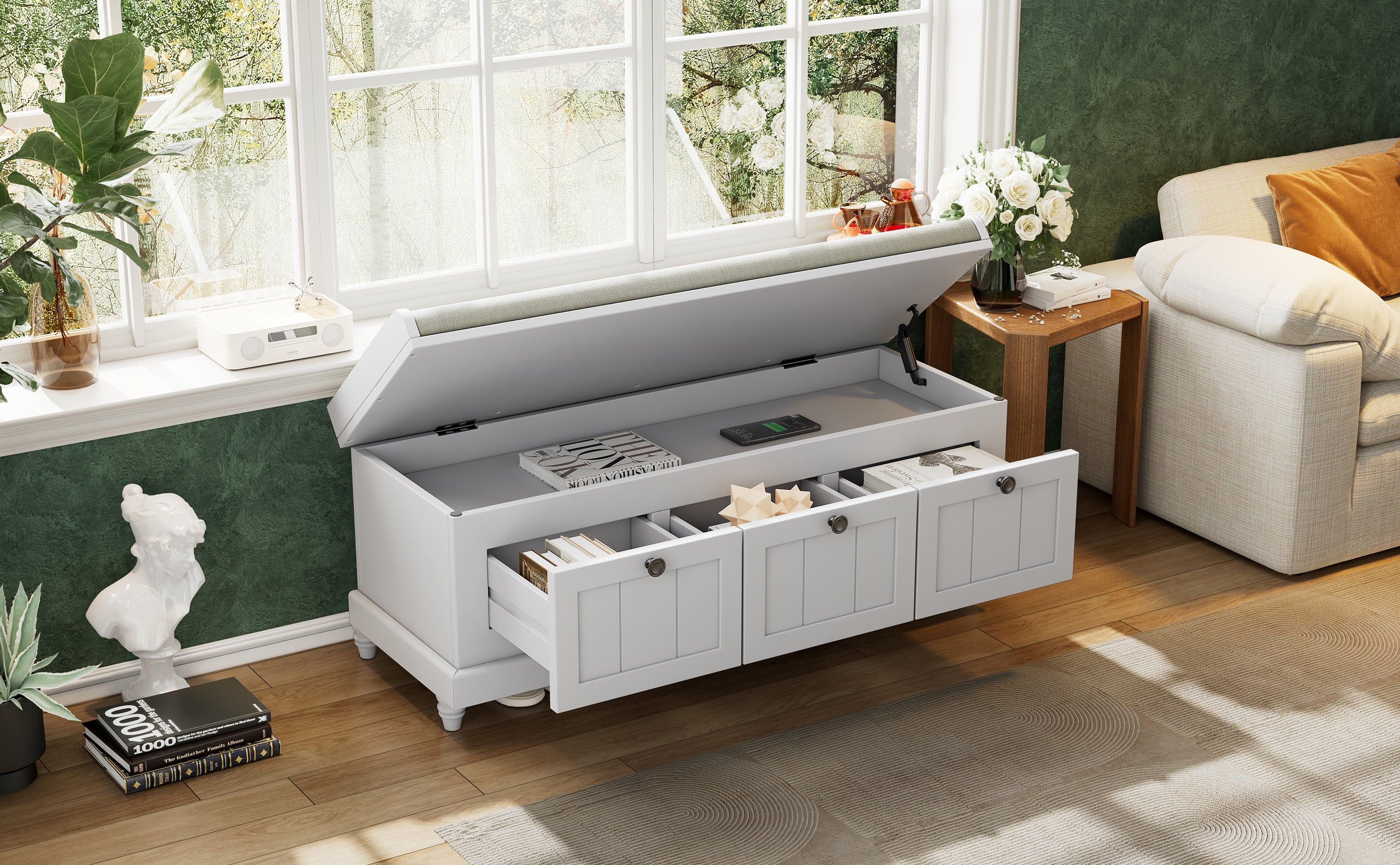 TREXM Classic Shoe Bench with Cushion and Three Drawers, Fluted Entryway Bench with Storage for Living Room, Entryway, and Hallways (Light Gray, OLD SKU: N715P207812E ) - Grand Goldman Shop