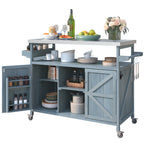 K&K Outdoor Kitchen Island, Rolling Bar Cart & Storage Cabinet, Farmhouse Solid Wood Outdoor Grill Table with Stainless Steel Top, Spice Rack , Towel Rack for Kitchen & BBQ , Grey Blue - Grand Goldman Shop