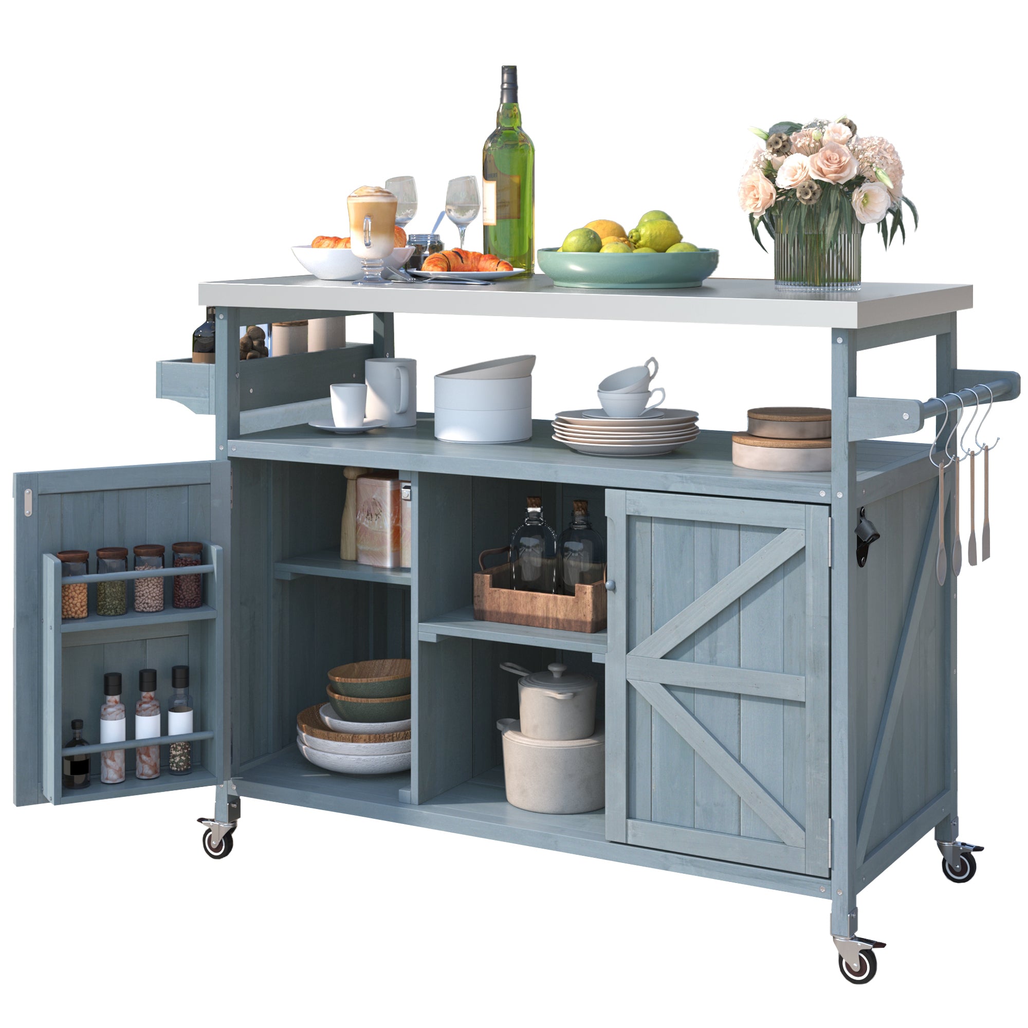 K&K Outdoor Kitchen Island, Rolling Bar Cart & Storage Cabinet, Farmhouse Solid Wood Outdoor Grill Table with Stainless Steel Top, Spice Rack , Towel Rack for Kitchen & BBQ , Grey Blue - Grand Goldman Shop