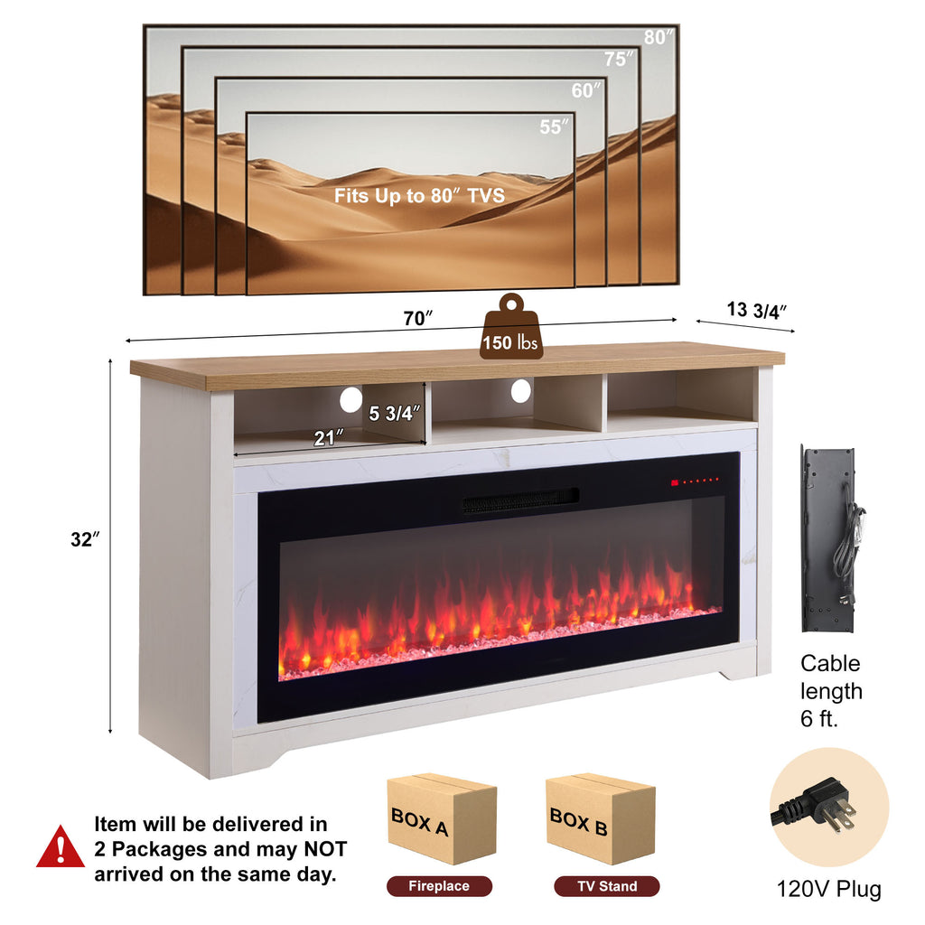 70 inch Fireplace TV Stand for TVs up to 70',with 60'smart Electric Fireplace,white - Grand Goldman Shop
