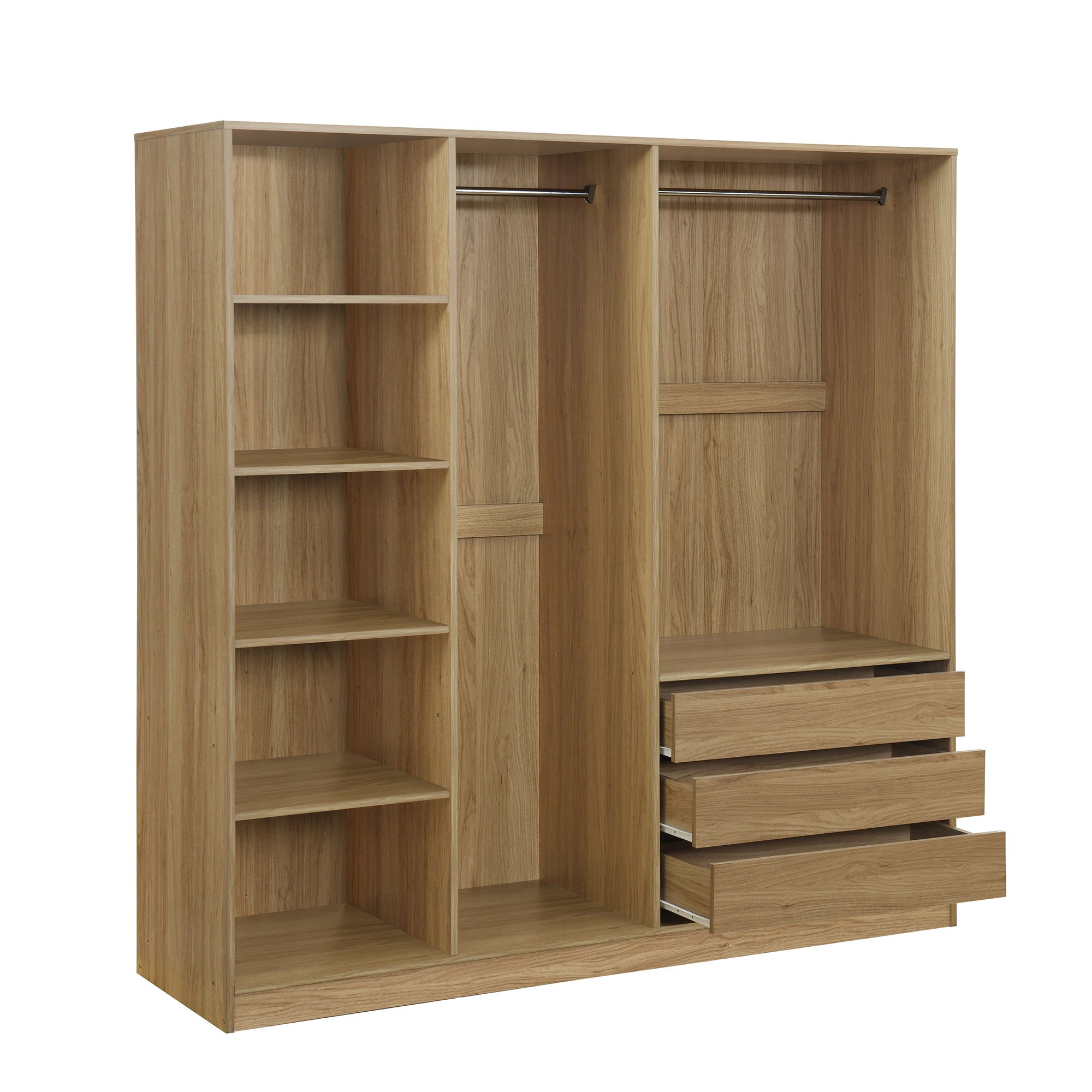 Doorless Wooden Storage Wardrobe for Dedroom with Shelves and 3 Drawers,Nature - Grand Goldman Shop