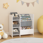 Kids Bookshelf and Toy Storage Organizer, Multifunctional 4-Tier White MDF Bookshelf with 3 Collapsible Fabric Drawers for Nu